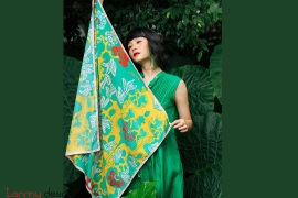 Green silk scarf printed with Youth Garden